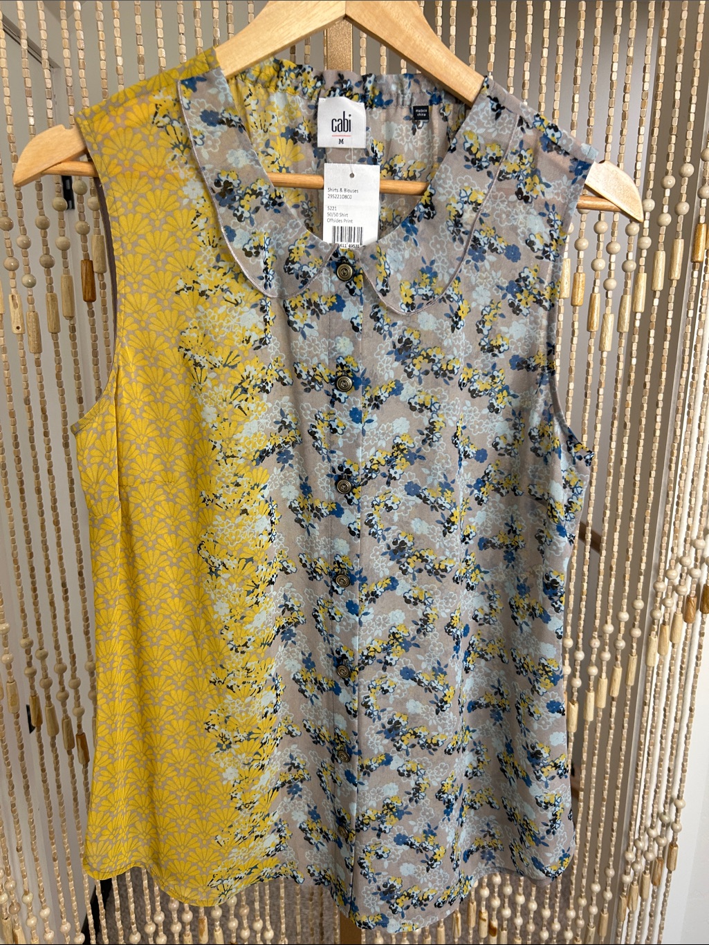 Cabi Offsides Print Sleeveless Floral Button-Front Top In Yellow & Gray